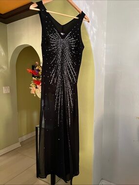 Black Maxi Evening Dress with Silver Burst Accent